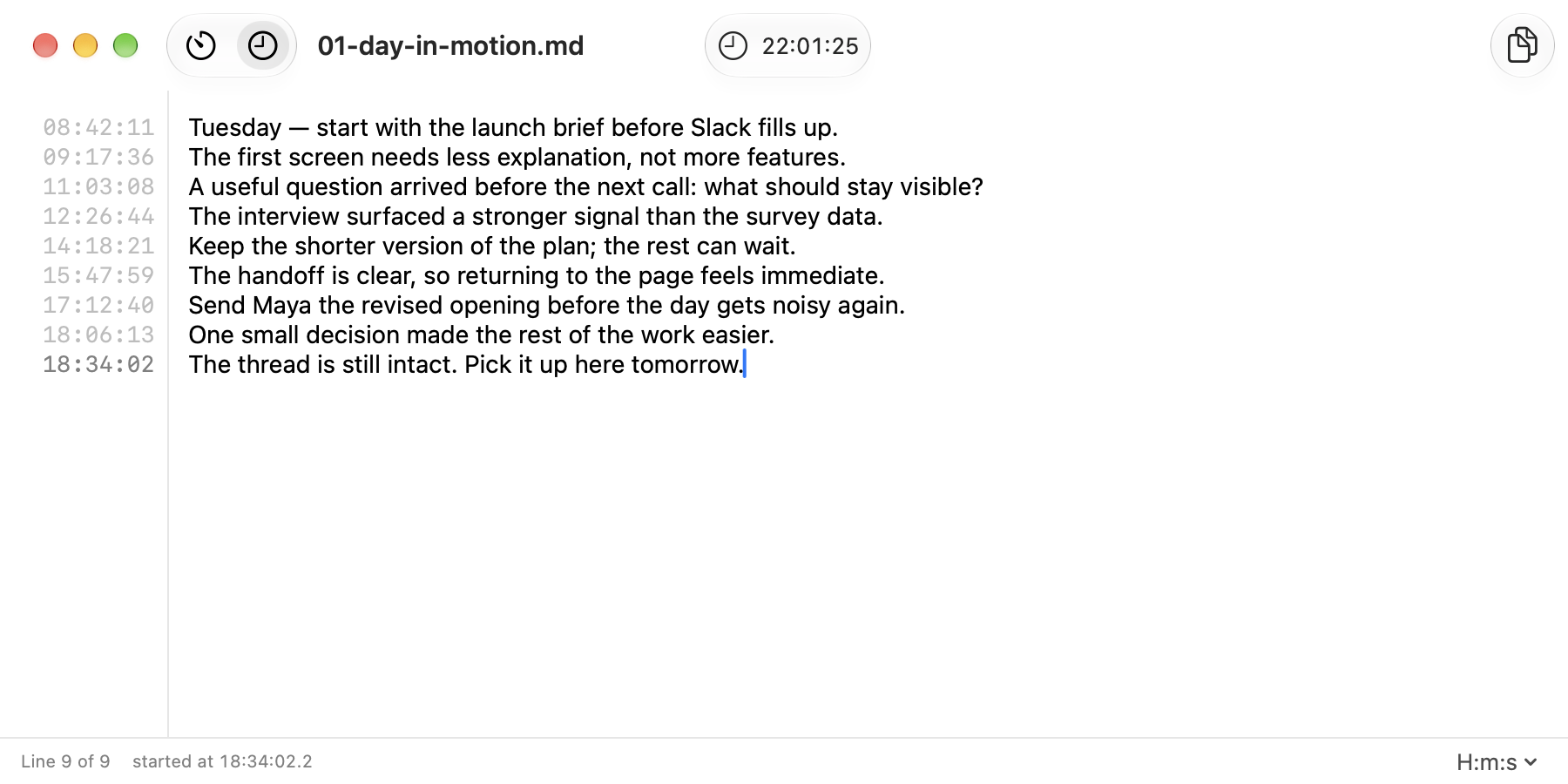 A day of notes in Aikarivi. Each new line receives a timestamp, then its text is typed character by character.